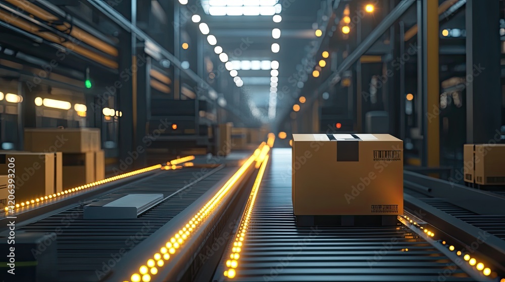Poster cardboard box on automated conveyor belt system