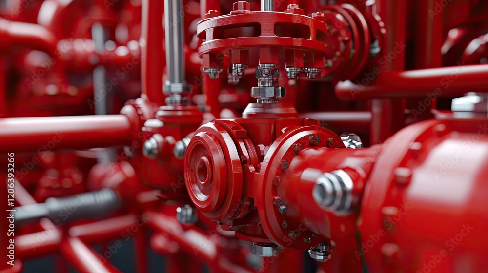 Poster red industrial valve system complex piping network