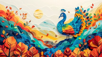 Naklejka premium Autumnal Peacock Paper Art Landscape