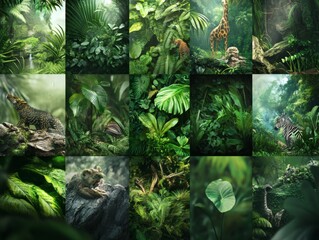 Lush jungle adventure moodboard featuring vivid greens exotic wildlife and rugged terrains