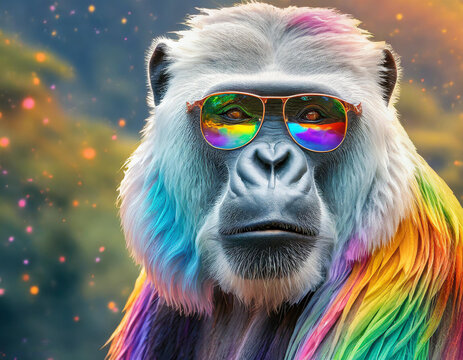 a vibrant, colorful gorila with a hyper-realistic face in frontal view. The background is a drive thru safari. The gorilas skin exhibits a vivid rainbow palette- generated by ai