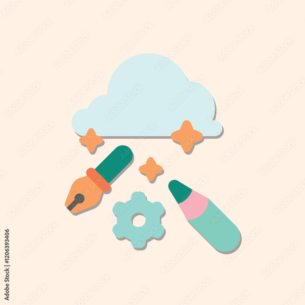 Poster stylized graphic design tools with floating elements and soft colors on a light background
