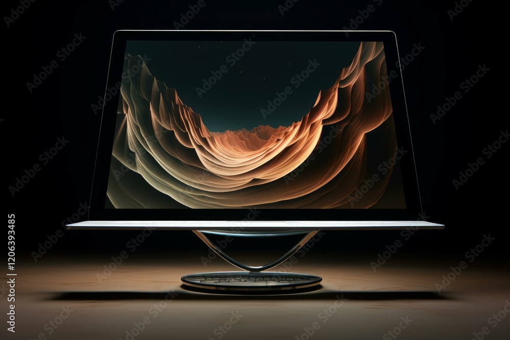Aufkleber sleek all in one computer displaying an otherworldly desert landscape, illuminated against a dark ba