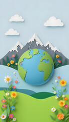 Naklejka premium Earth Day Paper Art of Globe in Field with Mountains, Flowers