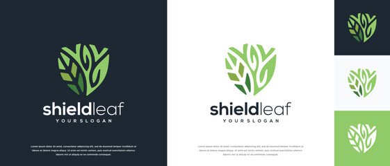 Nature security shield logo design. Vector icon of shield logo design with nature leaf.