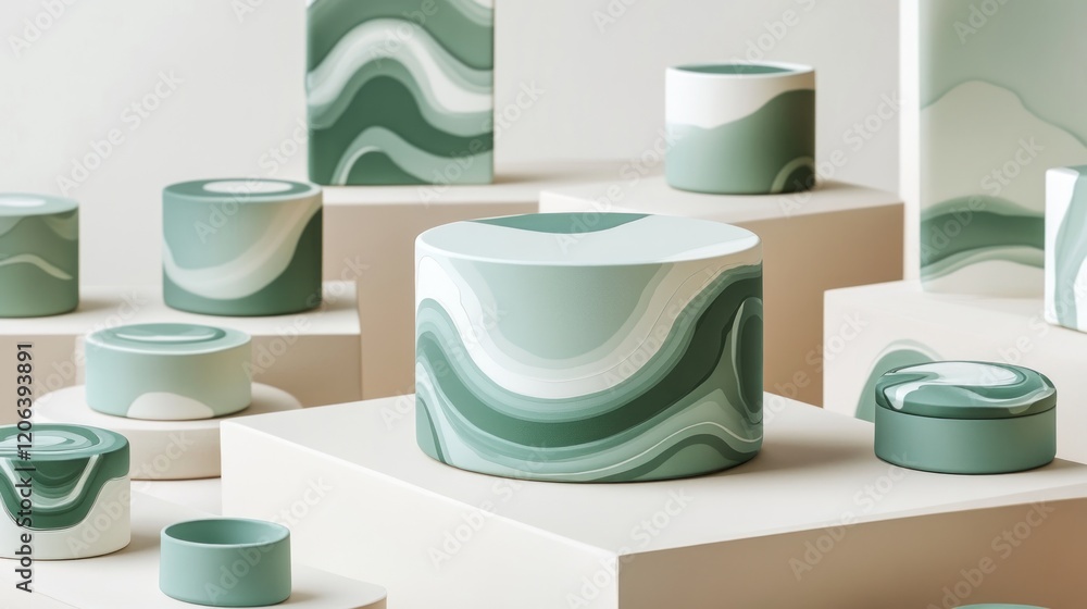 Poster abstract green wave patterned cylindrical containers