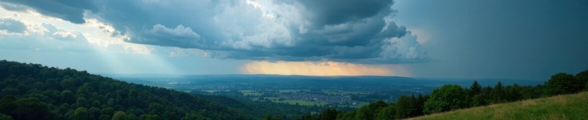 Fototapeta premium Stormy sky with clouds over Northcliffe hills with trees, hills, scenery, landscape