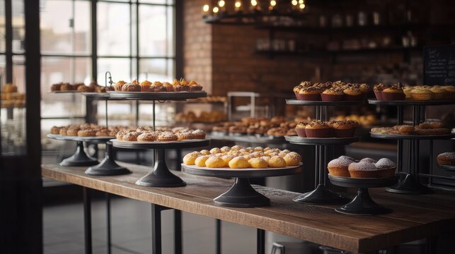 Display of assorted pastries on elegant stands in a cozy bakery with warm lighting