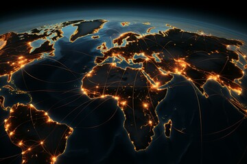 Global business connections spanning across continents, illuminating planet earth at night