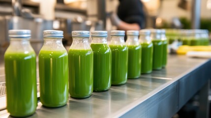 Fresh green juice bottles lined up on a counter in a modern kitchen, with staff preparing drinks