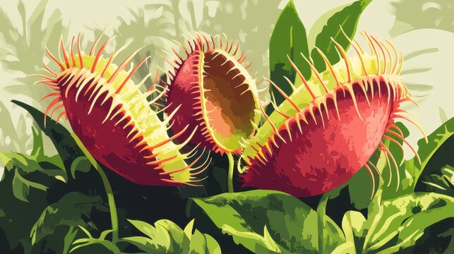 Close-up artistic illustration of Venus flytrap with detailed focus on open trap leaves and surrounding greenery in lush, vibrant environment.