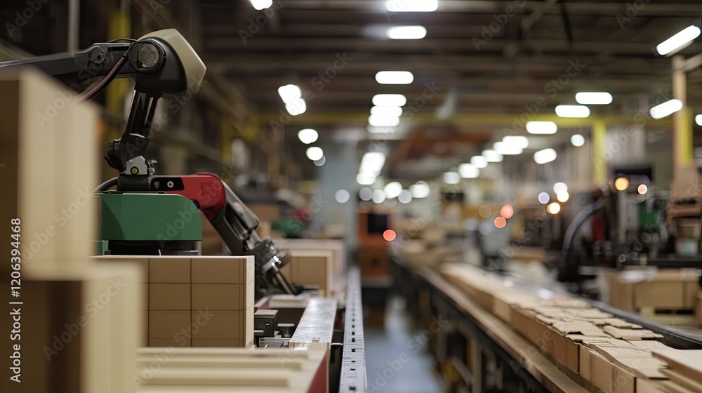 Poster Robotic Arm Assembling Cardboard Boxes In Factory
