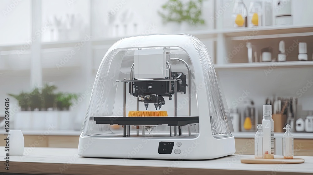 Poster Modern 3D Printer Creating a Yellow Object in a Kitchen Setting