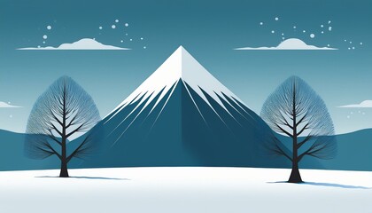 minimal winter scene with a mountain and two bare trees in a snowy landscape