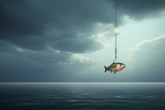 Surreal image of a fish hanging on a hook over the ocean under a cloudy sky, representing the concept of bait and switch