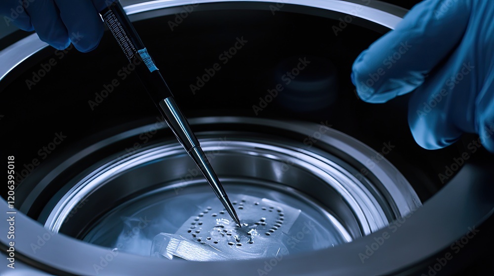 Aufkleber gloved hands carefully applying a sample to a laboratory device