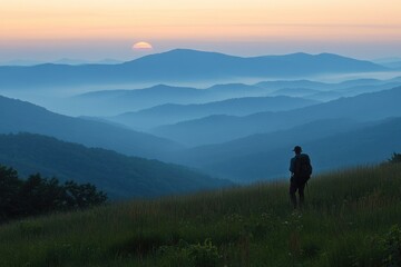 Fototapeta premium A lone hiker pauses to admire a breathtaking sunrise over a misty mountain range.