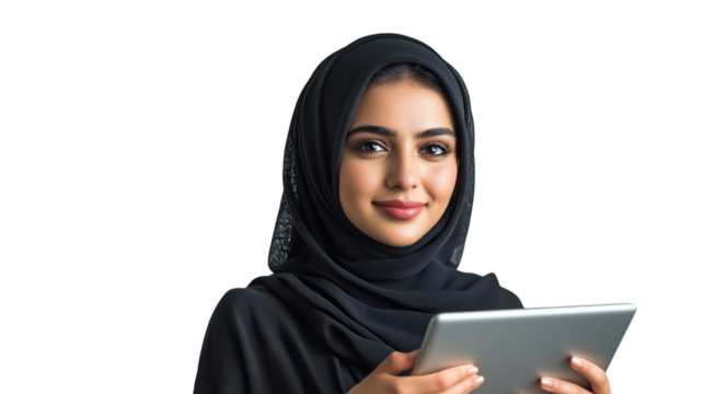 Smiling Young Saudi Woman Holding a Tablet , Isolated on Transparent Background 