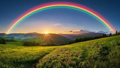 Naklejka premium a vibrant rainbow arches over lush green fields as the sun rises creating a picturesque scene of nature s beauty