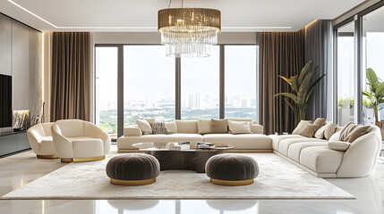 Stylish living room with contemporary decor and a panoramic city view.