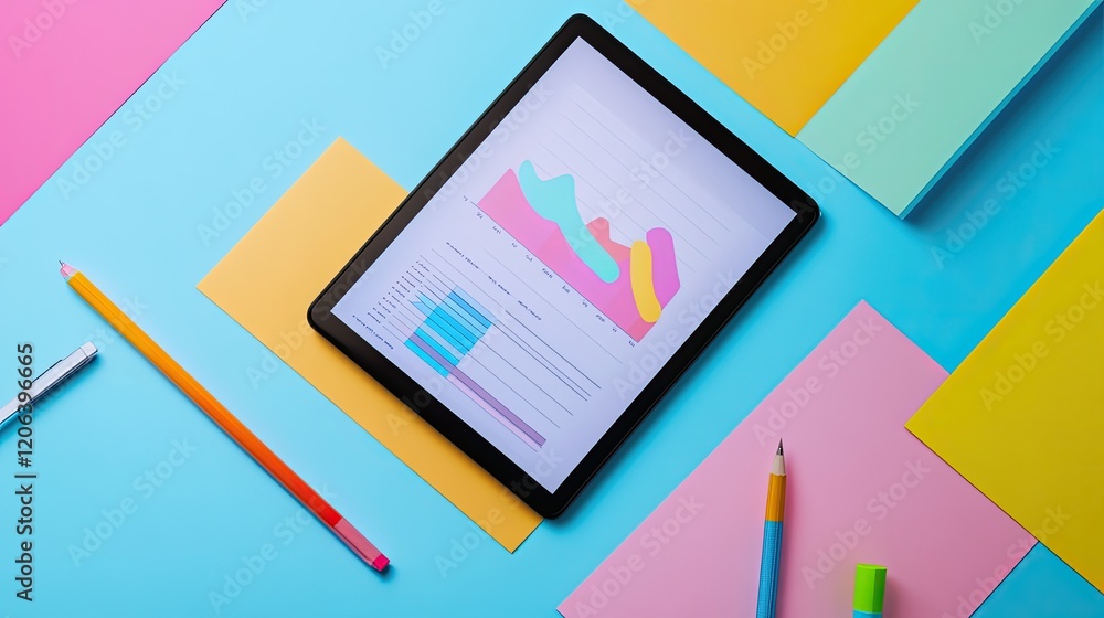 Poster Tablet displaying colorful graphs and charts on pastel background