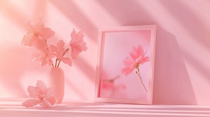 Pink flowers in vase beside pink framed floral art