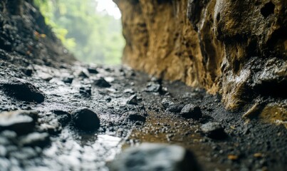 Extreme close-up view of the road to Alir cave, a secret pathway through the hills of Bandarban into a narrow passage leading to the cave.