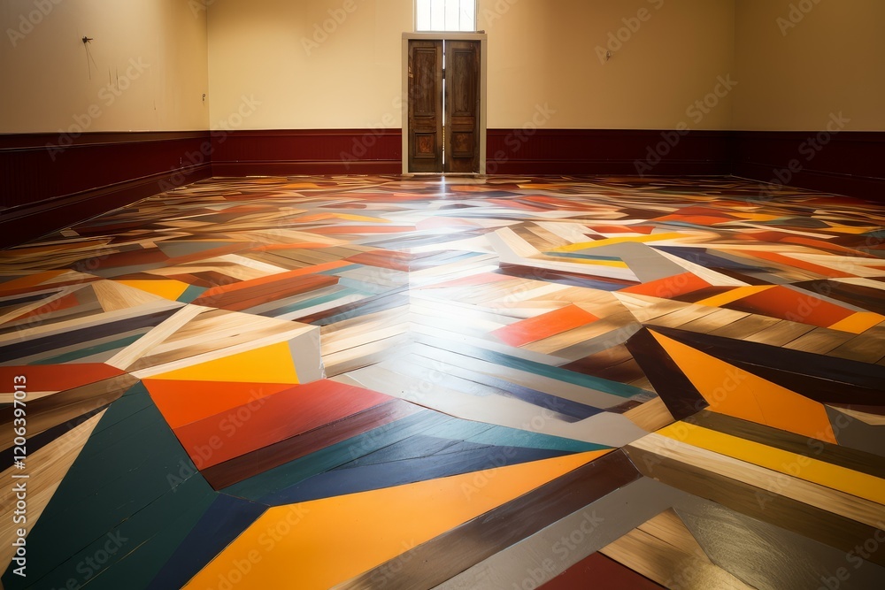 Poster geometric wooden floor with colorful planks creating a vibrant and artistic pattern in an empty room