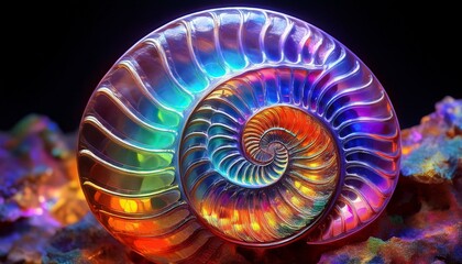 a mesmerizing iridescent ammonite fossil showcasing vibrant hues and intricate spiral structure