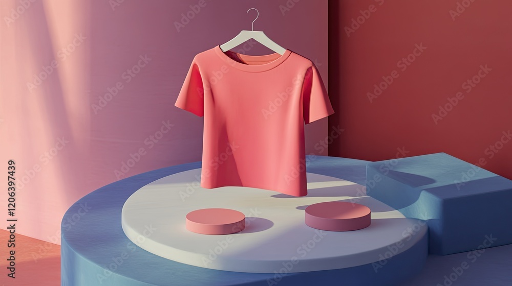 Poster pink tshirt displayed on modern abstract platform