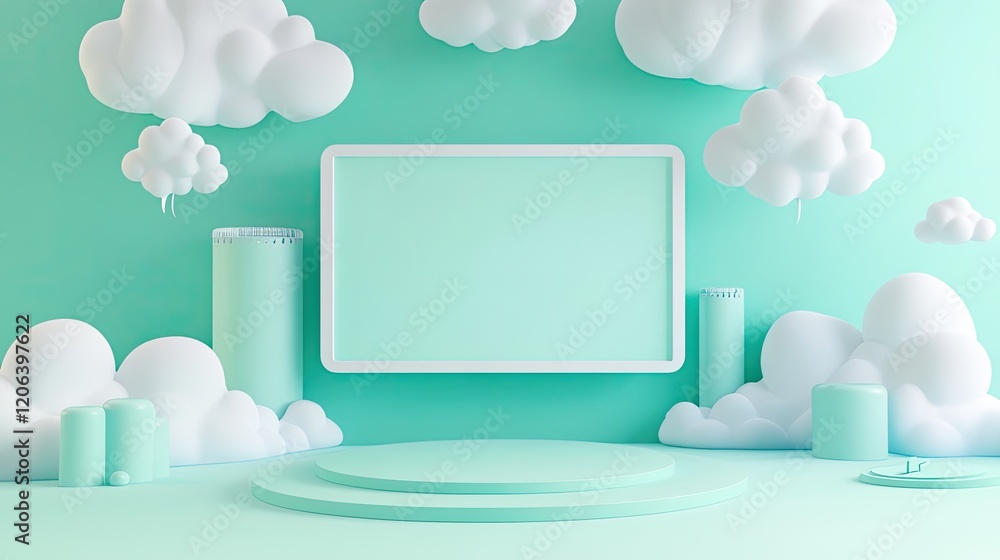 Poster pastel green display with clouds and platforms