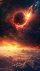 Obraz premium A cosmic scene depicting a fiery celestial body above clouds.
