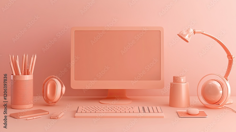 Poster Minimalist Coral Workspace Setup Featuring Computer Accessories