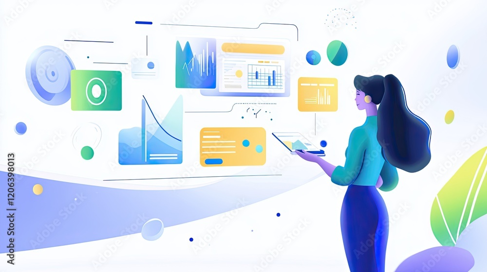 Poster woman analyzing data charts graphs and business information
