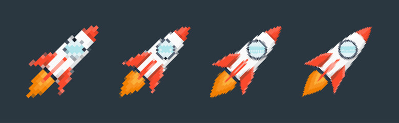 Pixel art rocket with fiery trails, retro games, space-themed designs, apps, or animations. 8-bit style for technology, sci-fi, and futuristic creative projects. Vector illustration