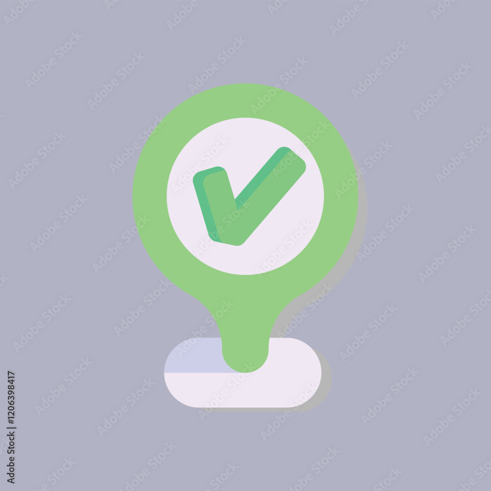 Poster green checkmark symbol within a map pointer style shape on a blue background
