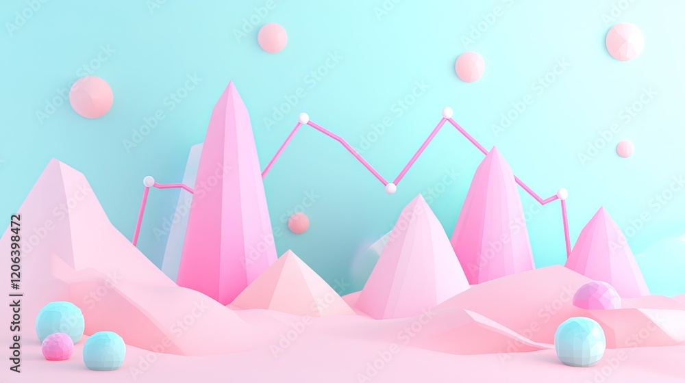 Poster pink polygonal mountainscape with abstract graph