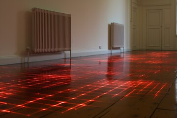 Red laser grid simulating underfloor heating system projected on a polished wooden floor in an empty room