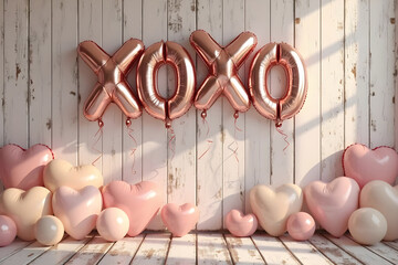 Xoxo word and heart from pink inflatable balloons 