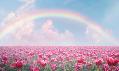 field of magenta tulips with rainbow arching across sky, panoramic view