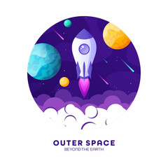 Rocket launch, space futuristic colorful background with planets and stars. Cartoon starship, spaceship in night sky. Solar system, galaxy and universe exploration. Vector illustration