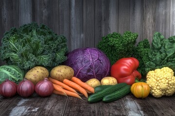 Vibrant selection of fresh vegetables on rustic wooden surface with soft, warm lighting