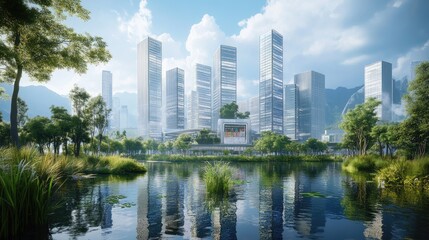 Fototapeta premium Modern Cityscape Reflected in Calm Waters with Lush Greenery