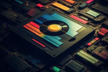 Fototapeta premium Colorful vinyl record embedded in a futuristic microchip, blending music and technology
