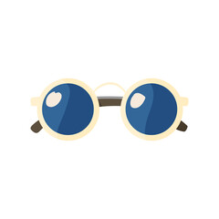 A pair of sunglasses with a blue lens. The sunglasses are white and have a brown frame. The sunglasses are sitting on a white background