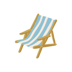 A blue and white striped beach chair with wooden legs. The chair is empty and is sitting on a white background