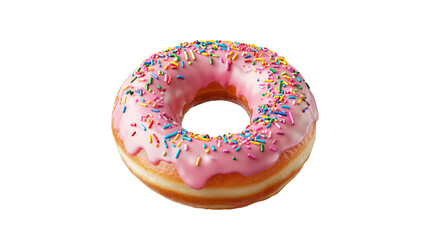 baked donut with pink frosting and colorful sprinkles isolated on transparent background