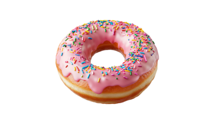 baked donut with pink frosting and colorful sprinkles isolated on transparent background