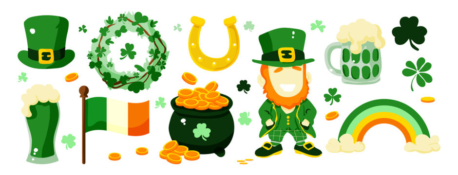 A collection of Irish symbols and images, including a man in a green hat and a rainbow. Scene is festive and celebratory, likely representing St. Patrick's Day