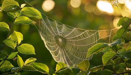 dew kissed spiderweb glistens in golden sunlight nestled amongst lush green leaves